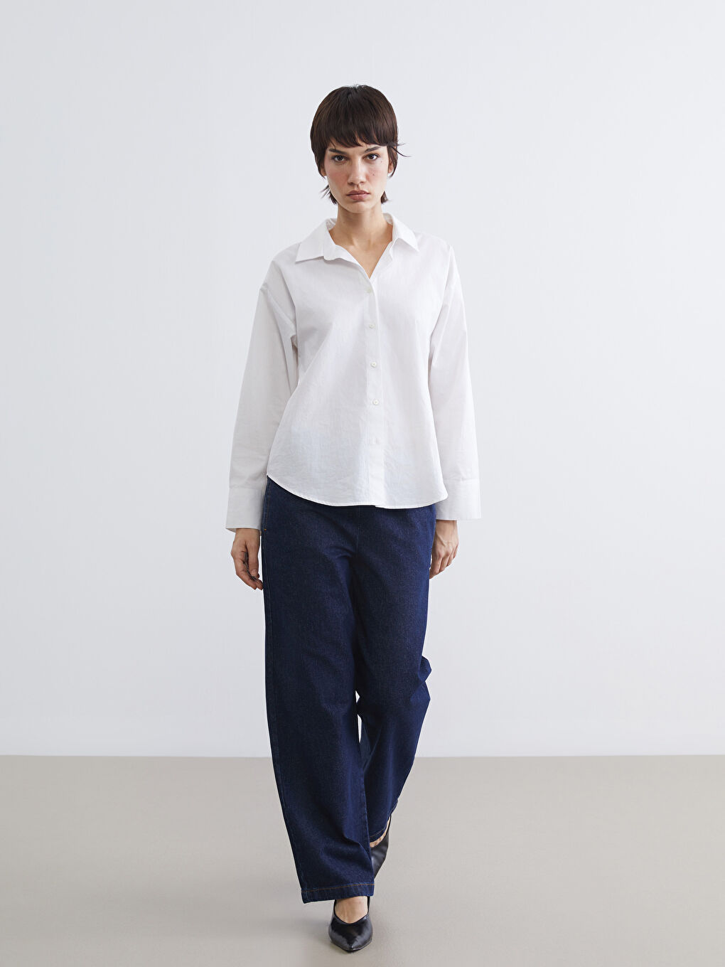 Lacivert Beli Lastikli Wideleg Kadın Jean Pantolon