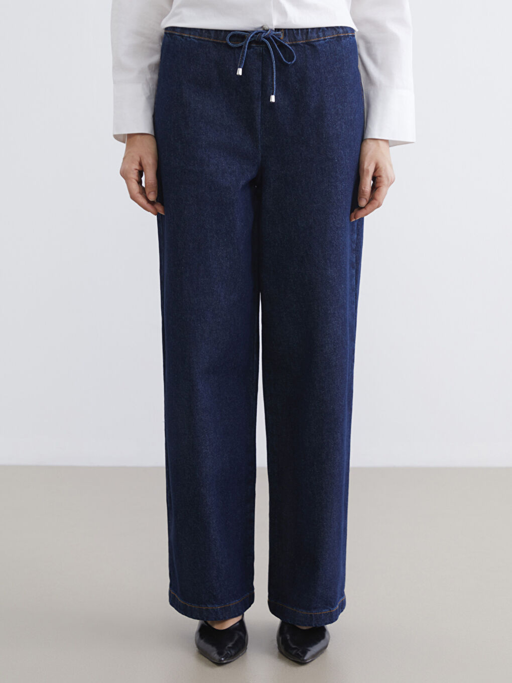 Lacivert Beli Lastikli Wideleg Kadın Jean Pantolon-1