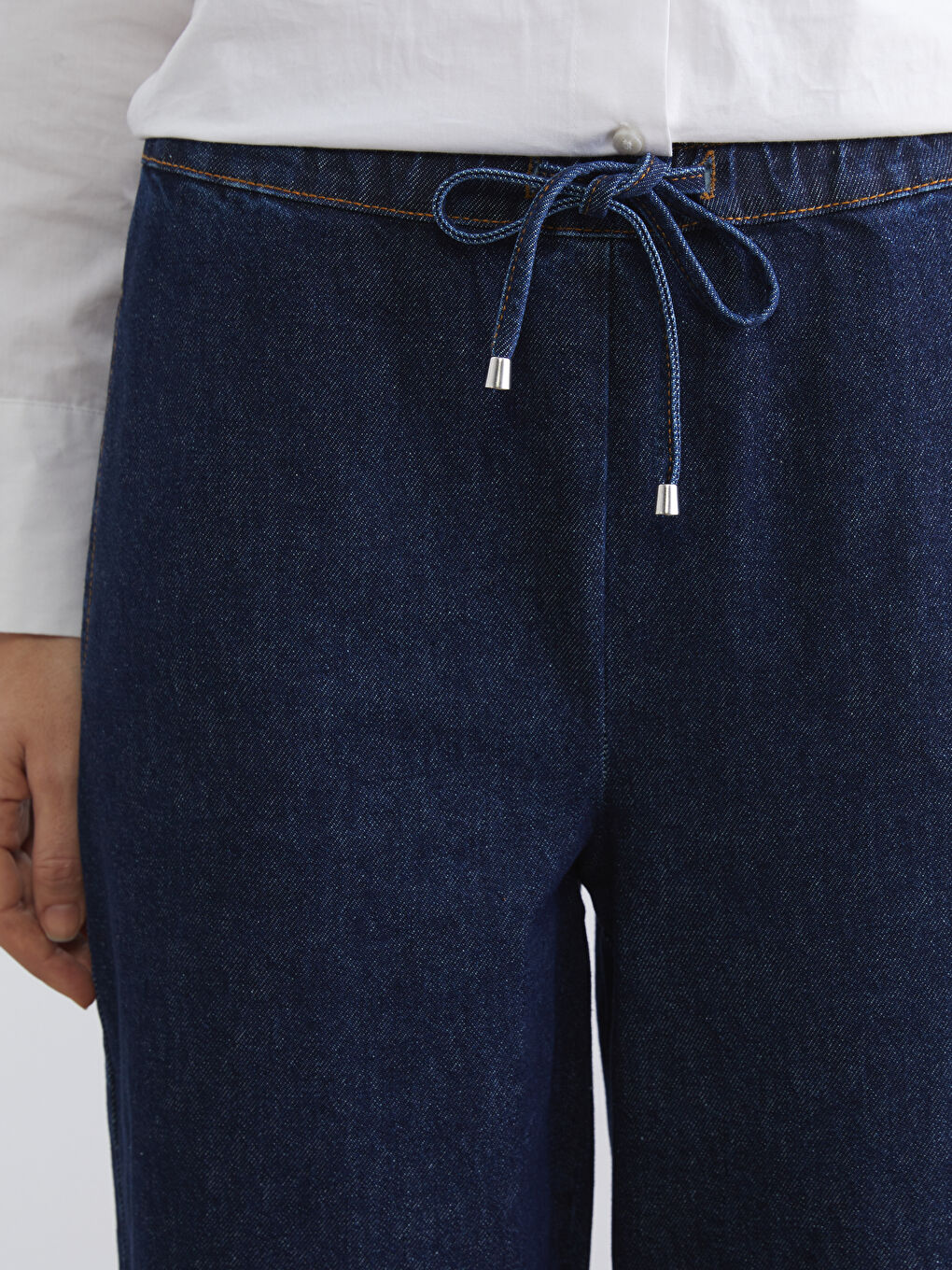 Lacivert Beli Lastikli Wideleg Kadın Jean Pantolon-2