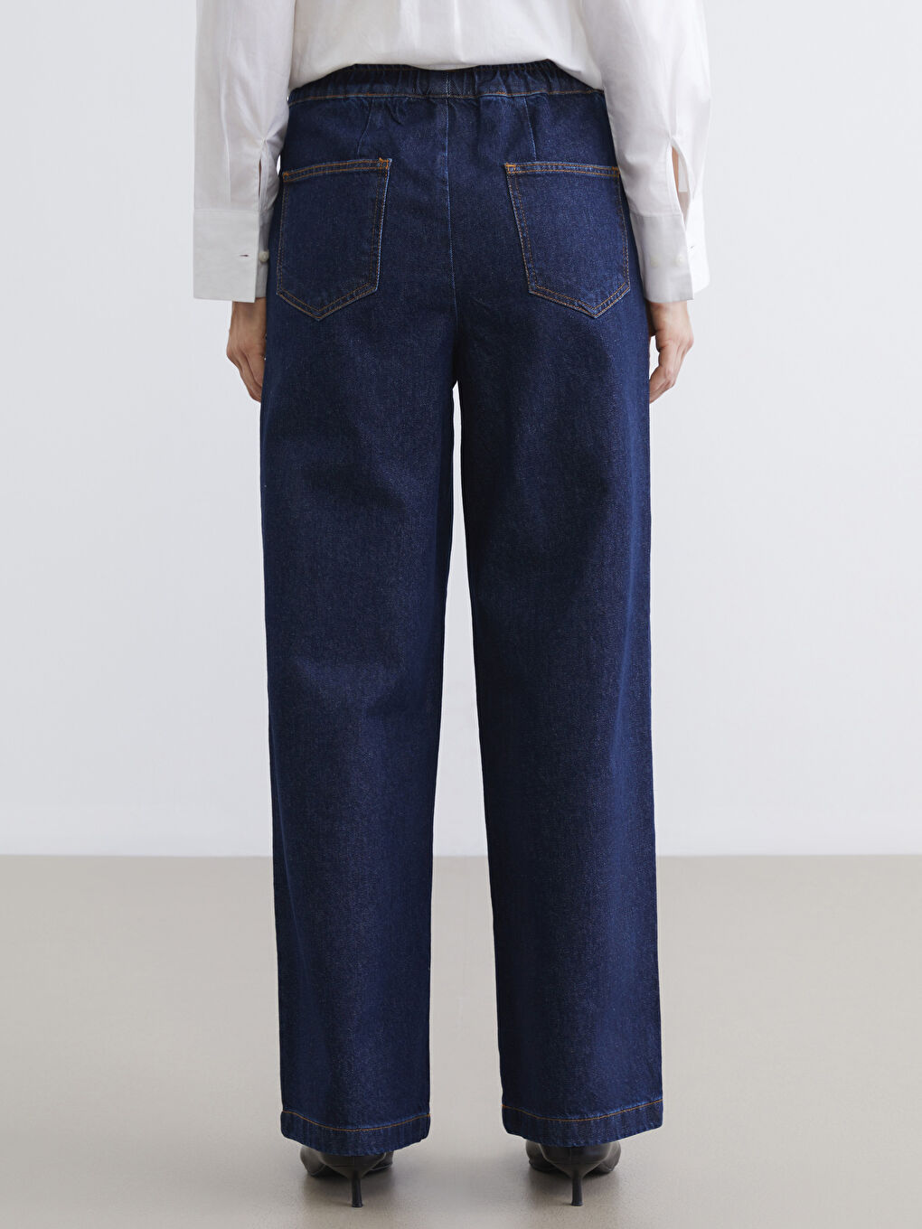 Lacivert Beli Lastikli Wideleg Kadın Jean Pantolon-3