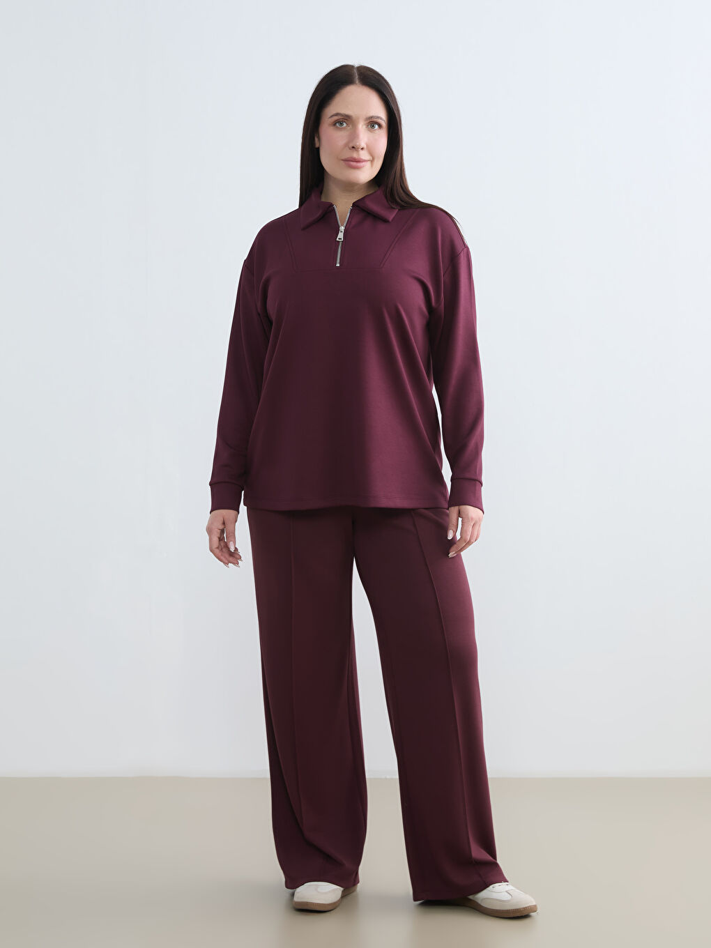 Bordo Polo Yaka Kadın Fermuarlı Sweatshirt-1