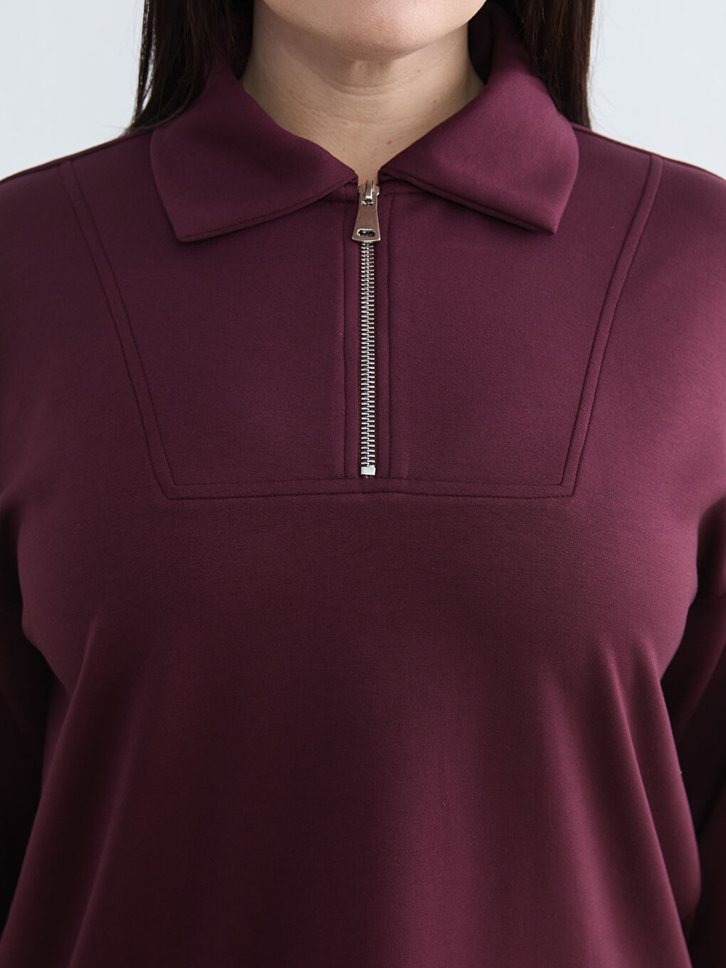 Bordo Polo Yaka Kadın Fermuarlı Sweatshirt-2