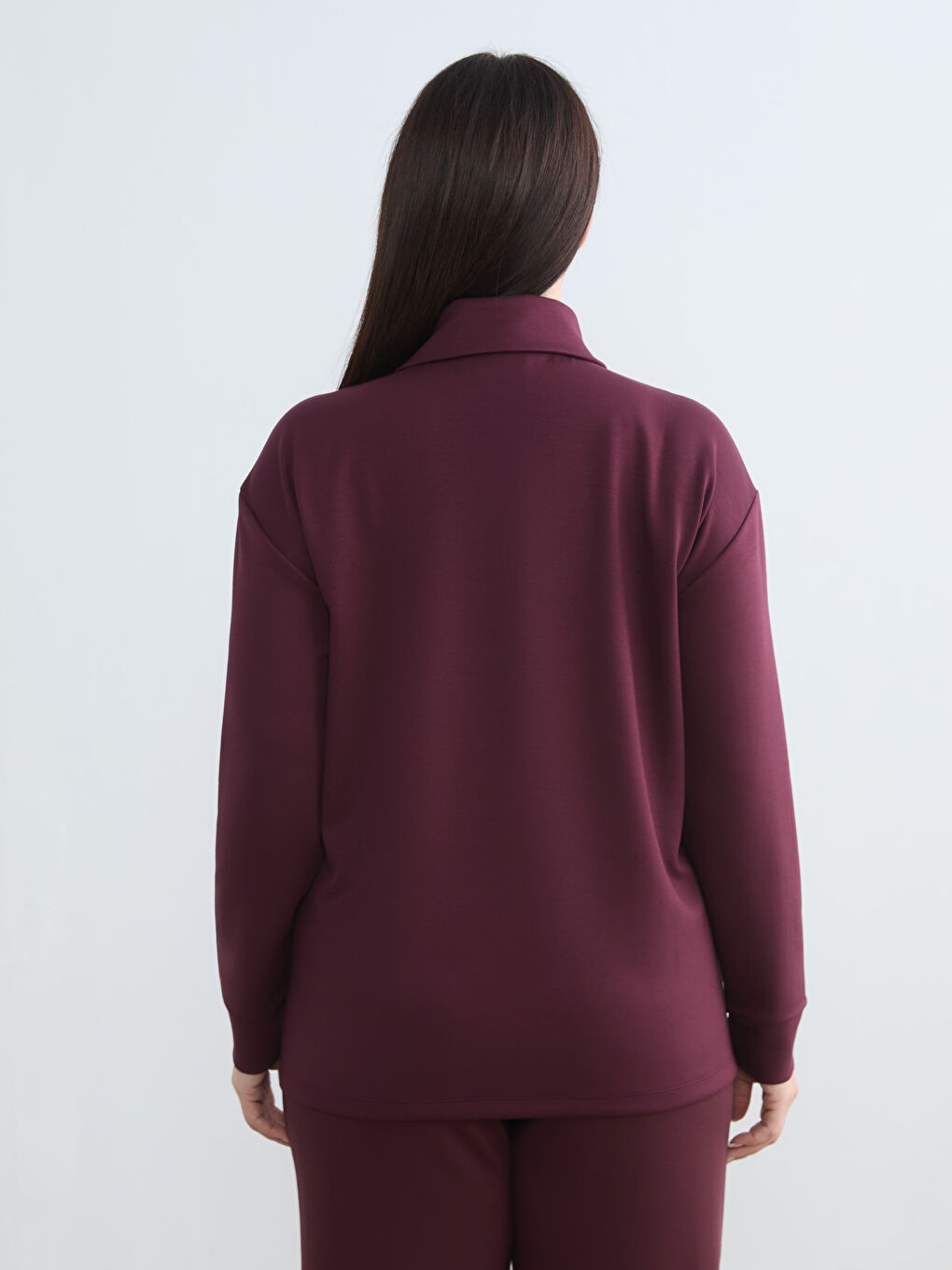 Bordo Polo Yaka Kadın Fermuarlı Sweatshirt-3