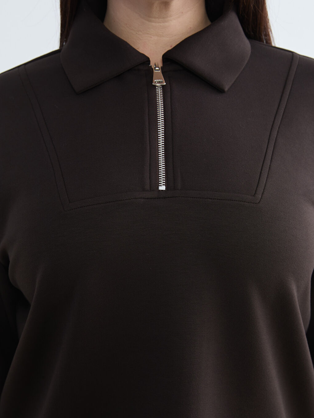 Kahverengi Polo Yaka Kadın Fermuarlı Sweatshirt-2