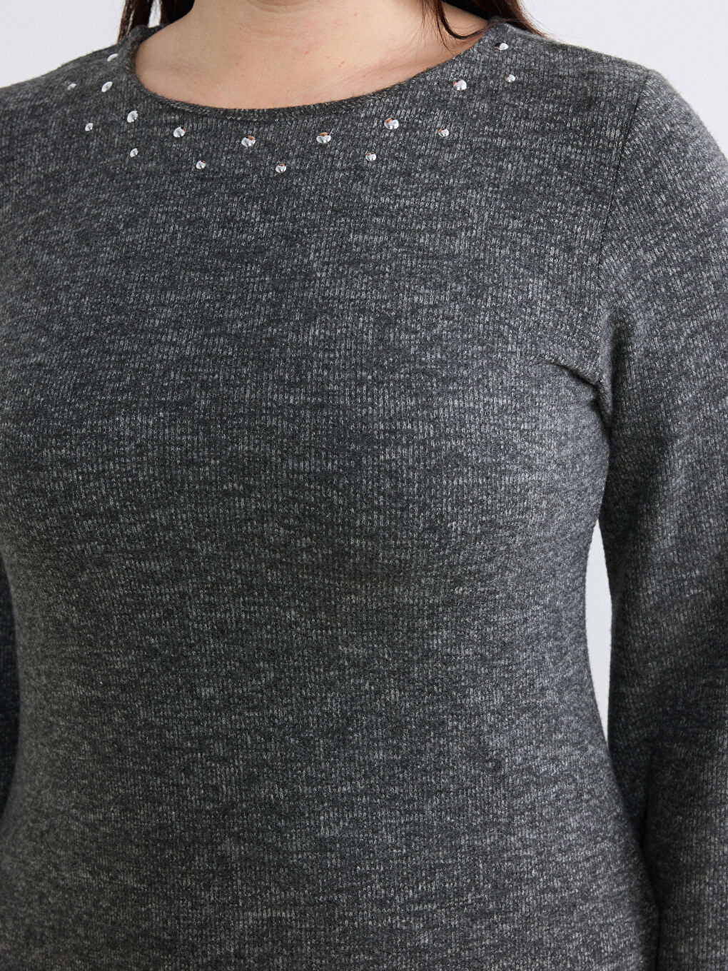 Gri Büyük Beden Bisiklet Yaka Taşlı A Kesim Elbise-2