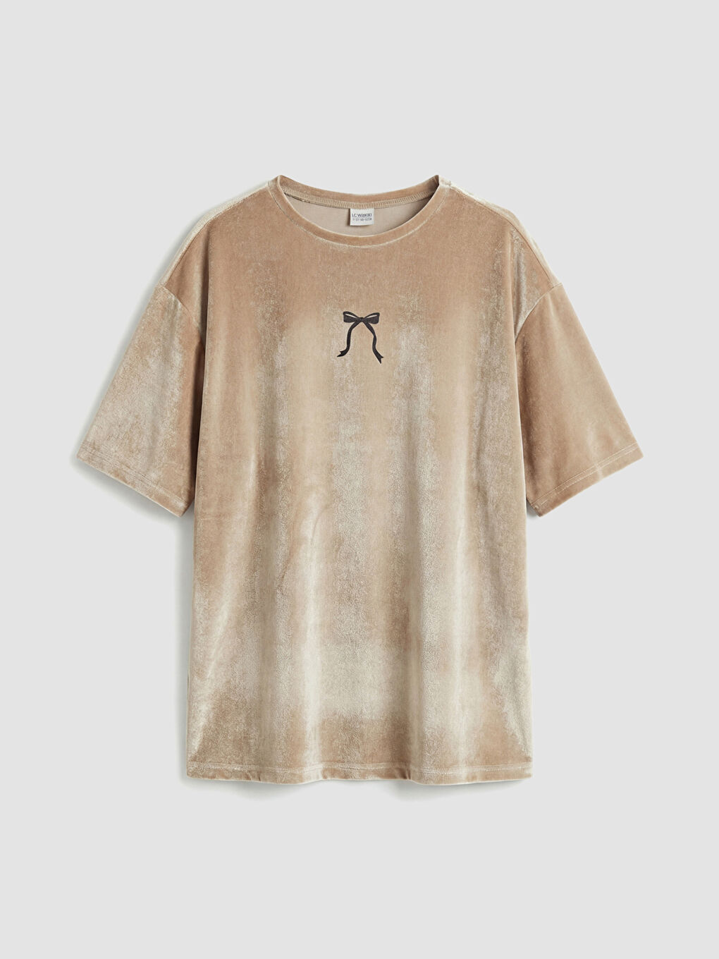 Bej Bisiklet Yaka Fiyonk Baskılı Kız Çocuk Kadife Tişört