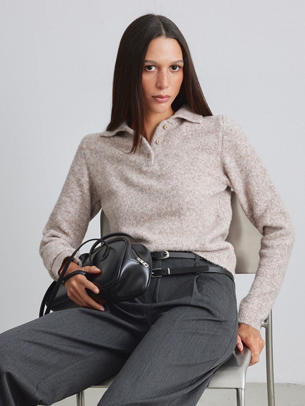 Bej Polo Yaka Yün Karışımlı Kadın Triko Kazak