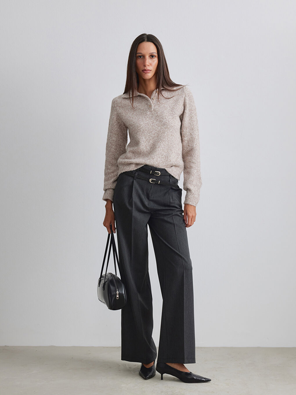 Bej Polo Yaka Yün Karışımlı Kadın Triko Kazak-1