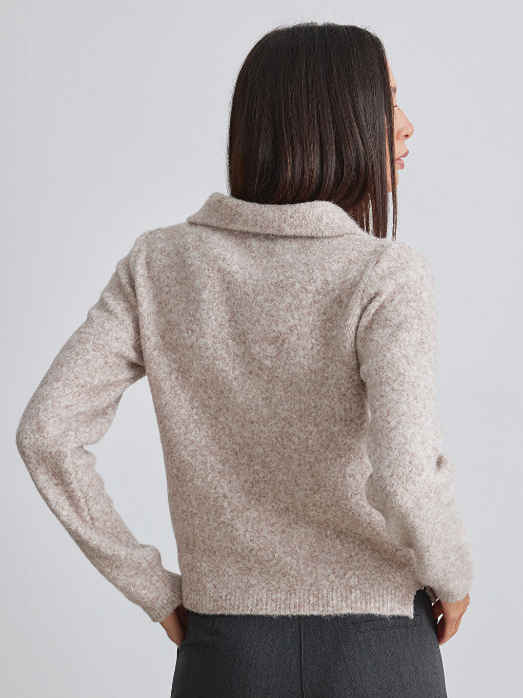 Bej Polo Yaka Yün Karışımlı Kadın Triko Kazak-3