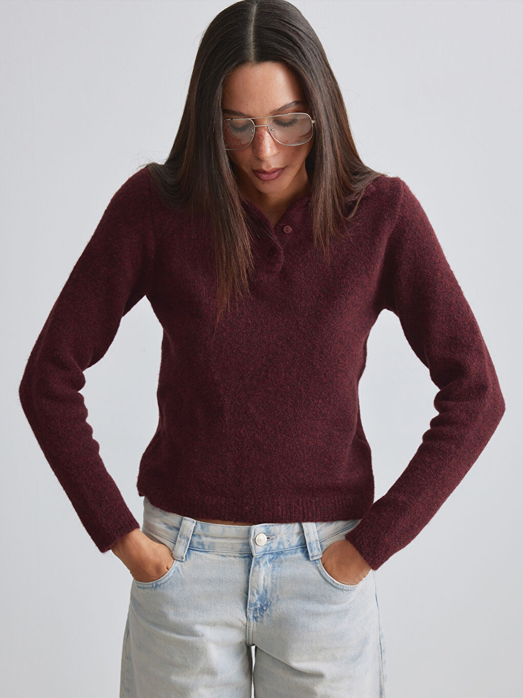 Bordo Polo Yaka Yün Karışımlı Kadın Triko Kazak