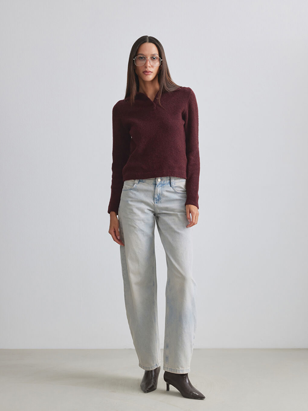 Bordo Polo Yaka Yün Karışımlı Kadın Triko Kazak-1