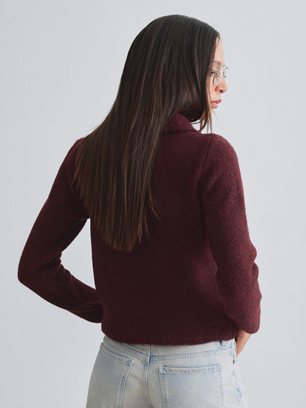 Bordo Polo Yaka Yün Karışımlı Kadın Triko Kazak-2