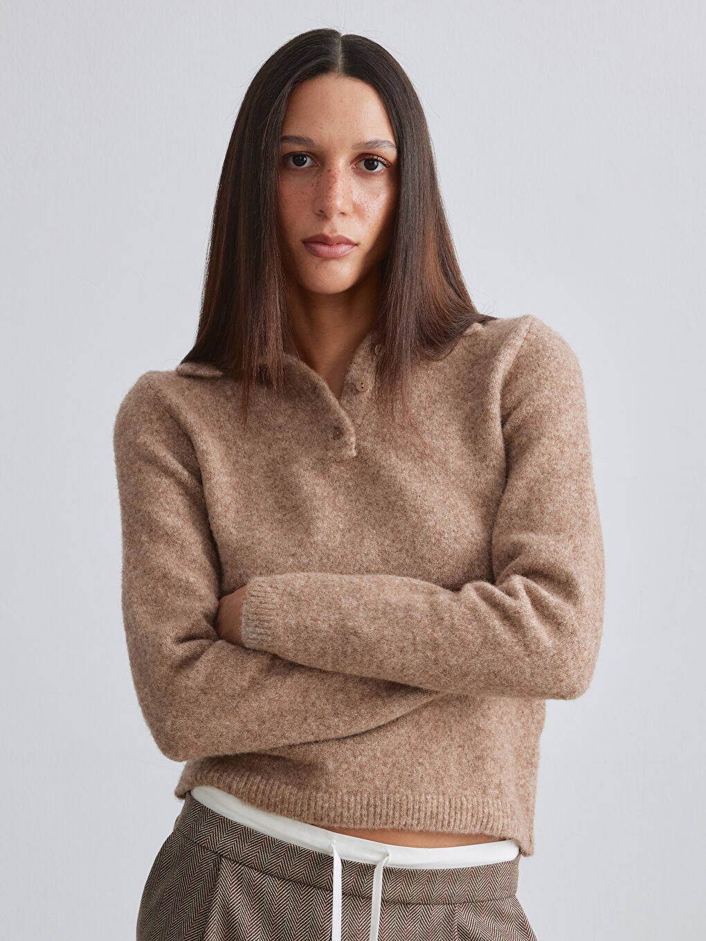 Kahverengi Polo Yaka Yün Karışımlı Kadın Triko Kazak
