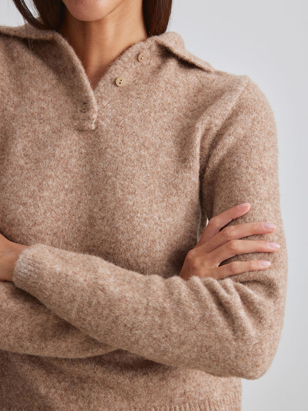 Kahverengi Polo Yaka Yün Karışımlı Kadın Triko Kazak-2