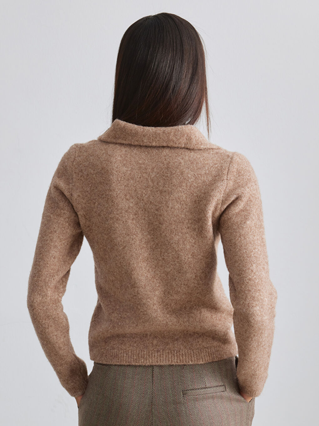 Kahverengi Polo Yaka Yün Karışımlı Kadın Triko Kazak-3
