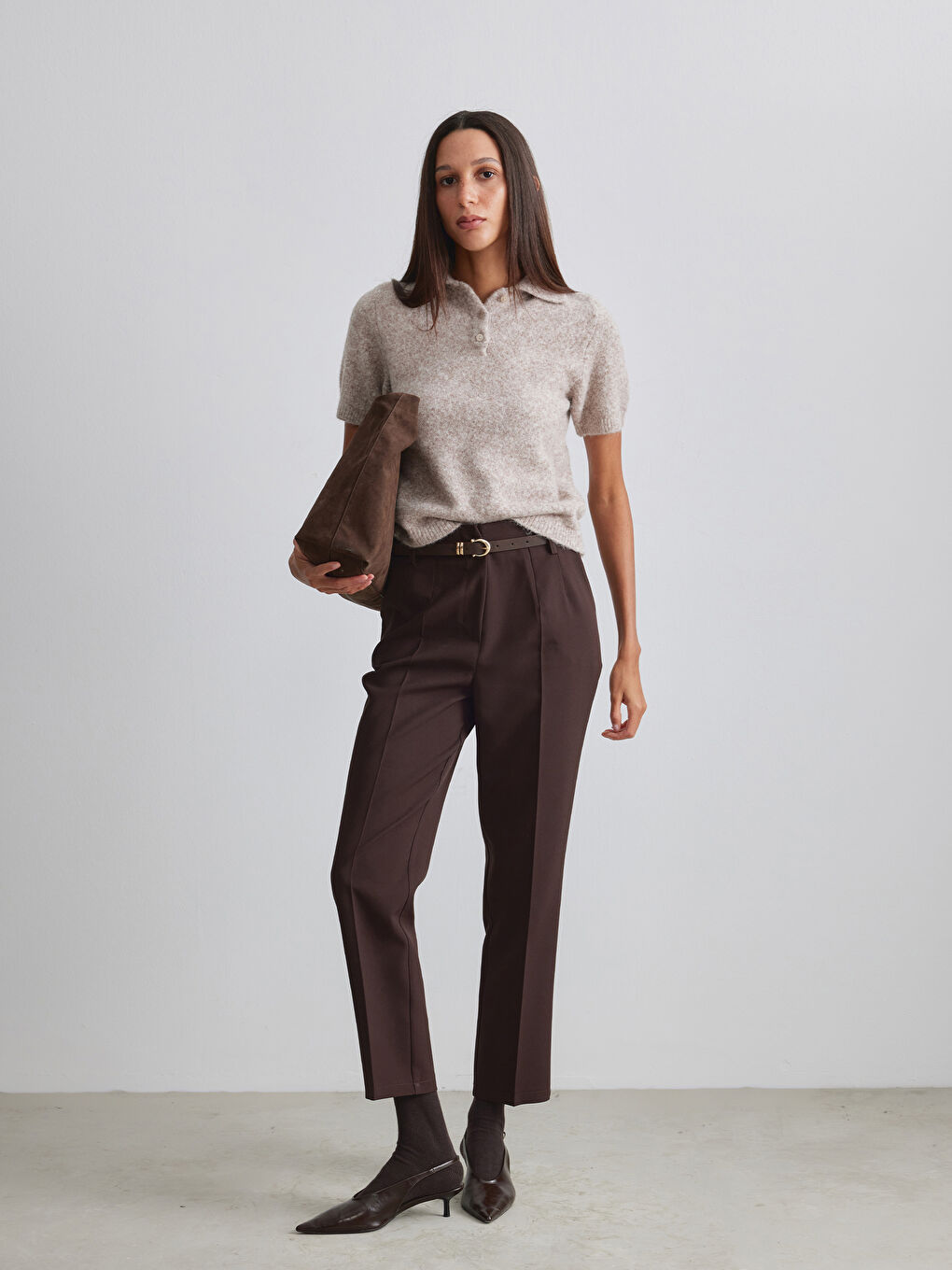 Bej Polo Yaka Yün Karışımlı Kadın Triko Kazak	-1