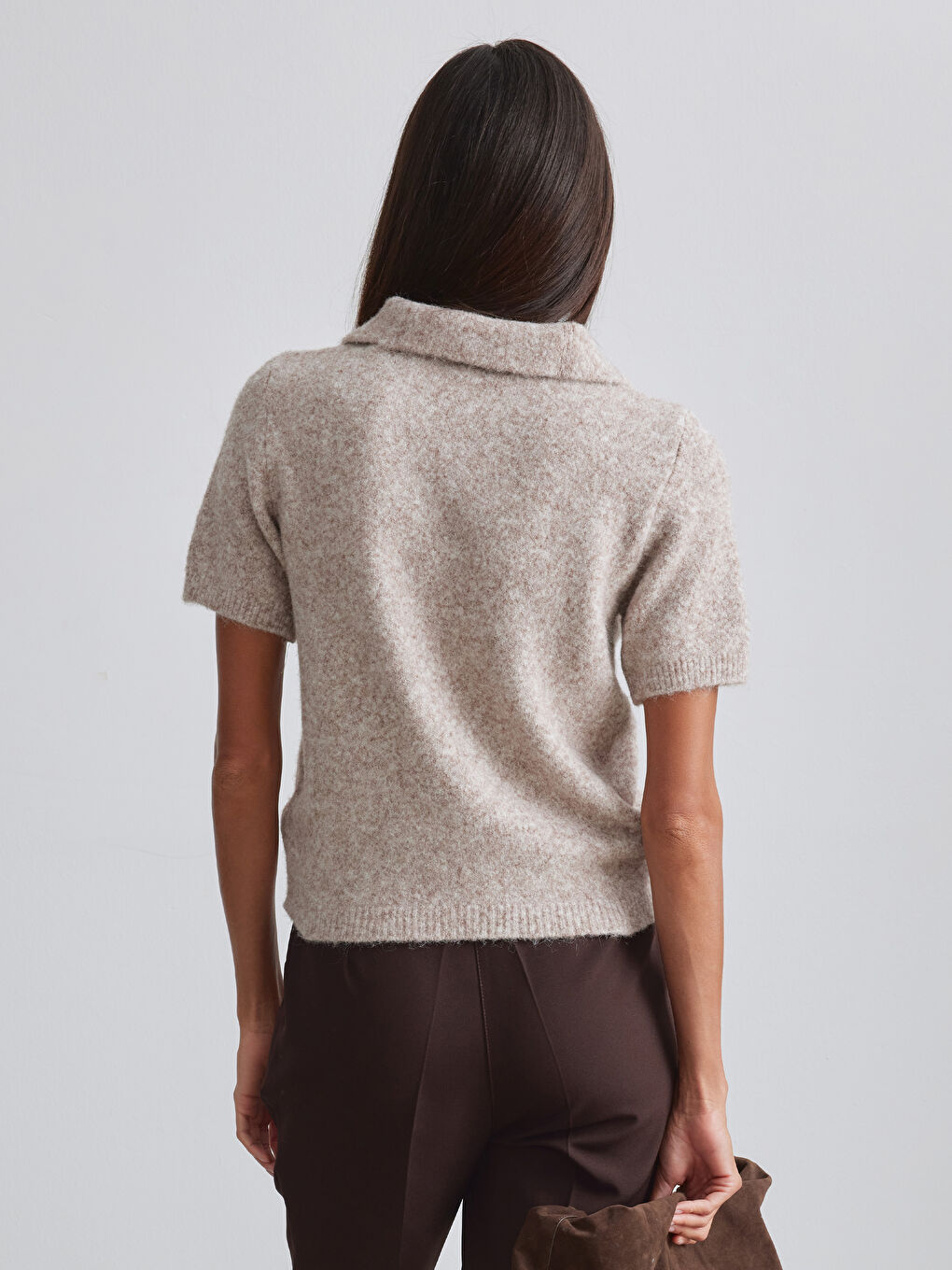 Bej Polo Yaka Yün Karışımlı Kadın Triko Kazak	-3