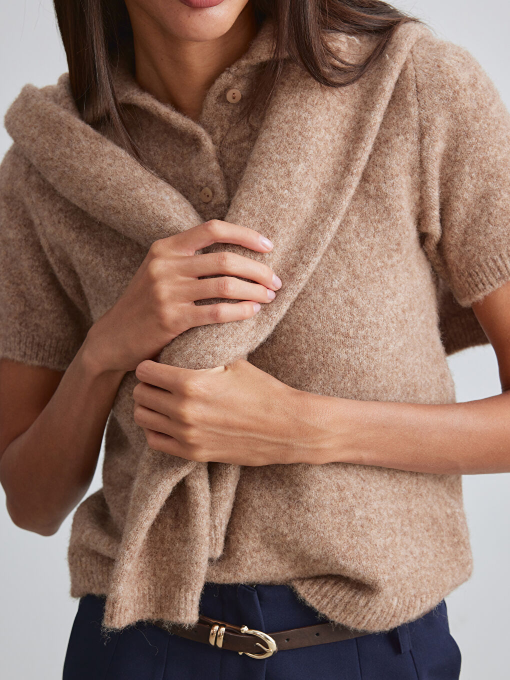 Kahverengi Polo Yaka Yün Karışımlı Kadın Triko Kazak	-2