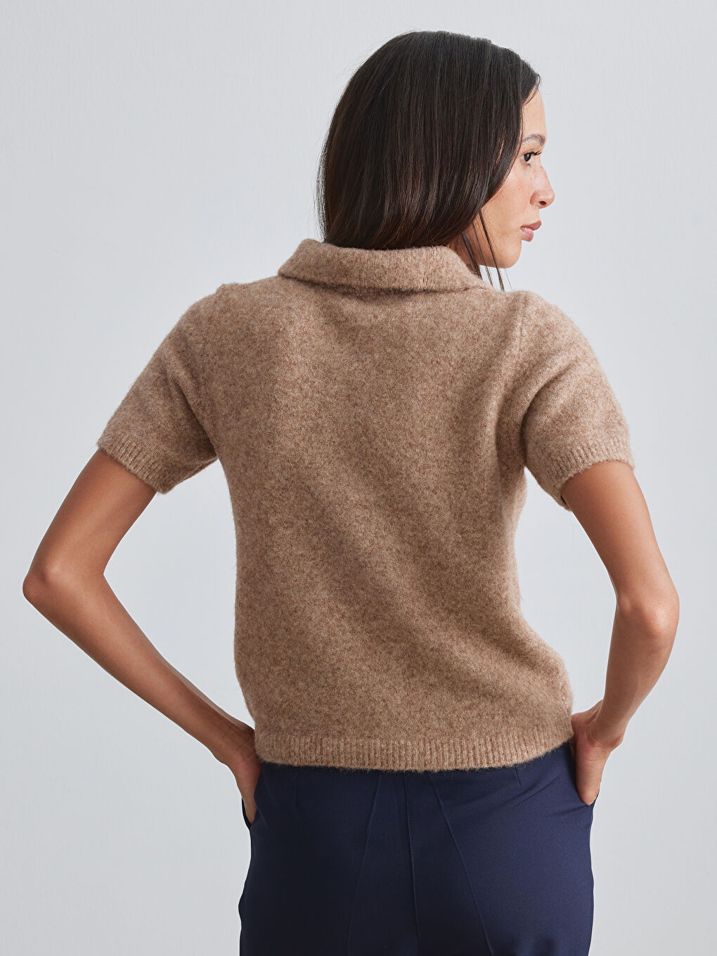 Kahverengi Polo Yaka Yün Karışımlı Kadın Triko Kazak	-3