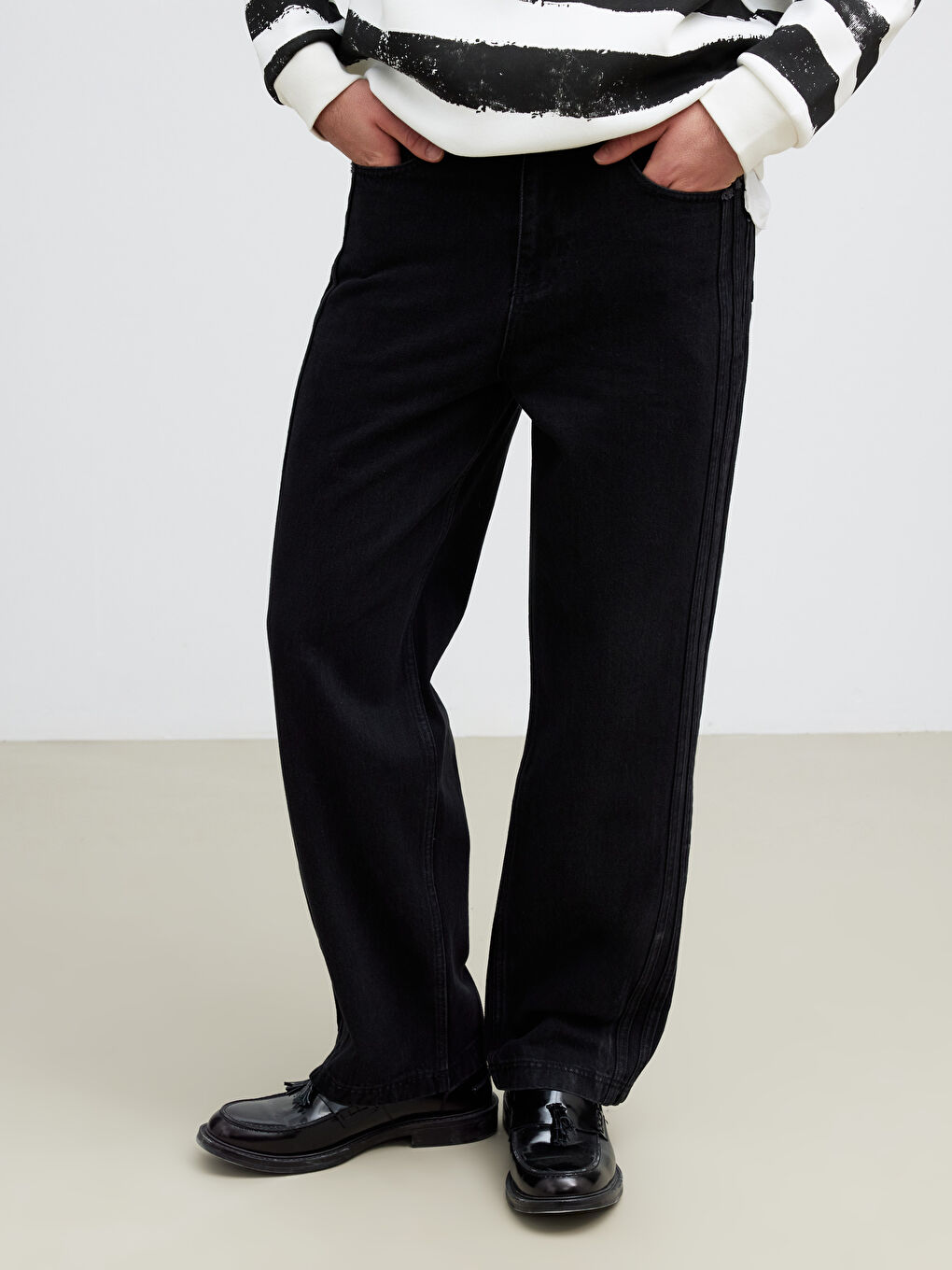 Siyah Loose Fit Erkek Jean Pantolon-1