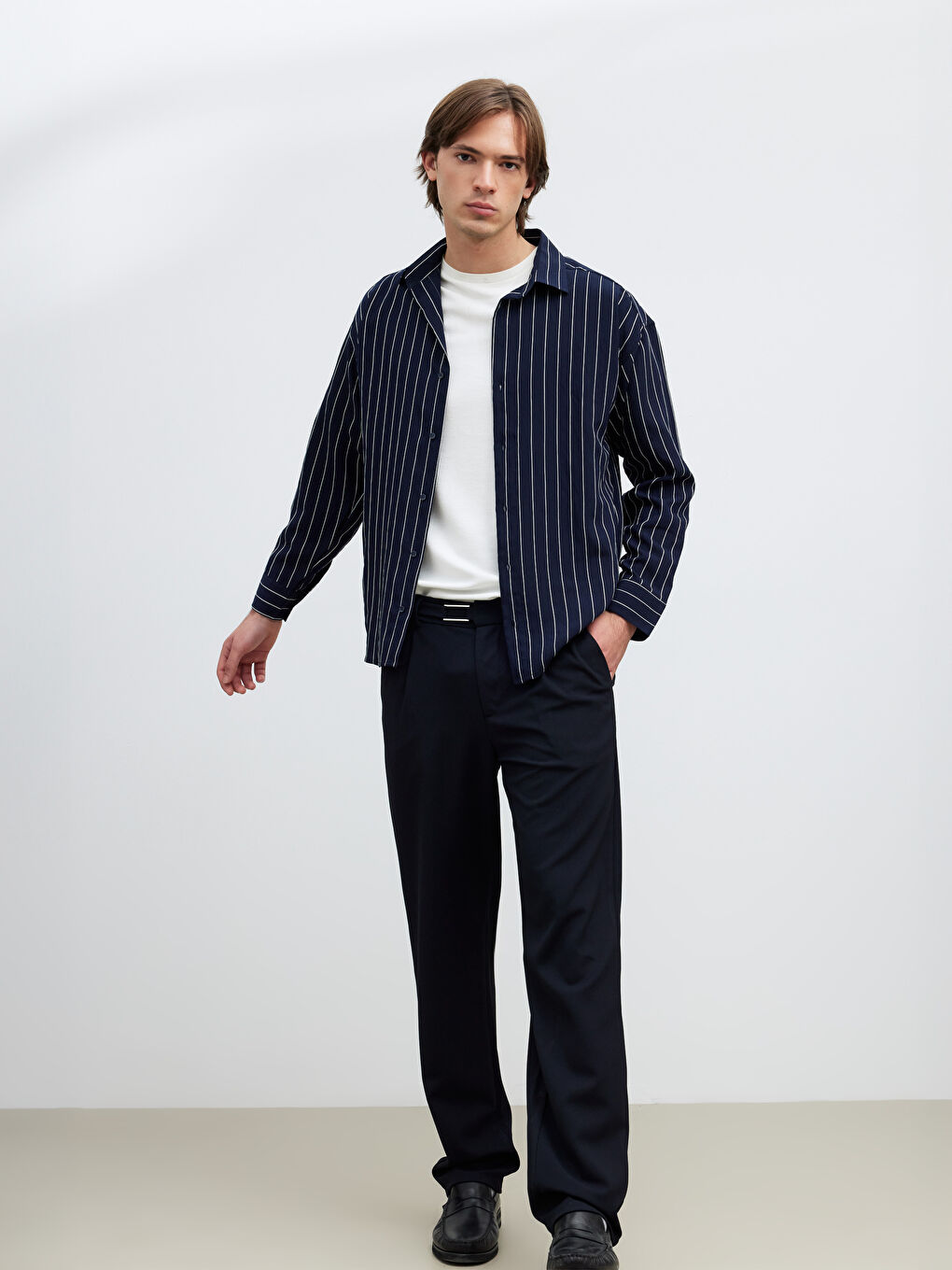 Lacivert Regular Fit Çizgili Erkek Gömlek-1