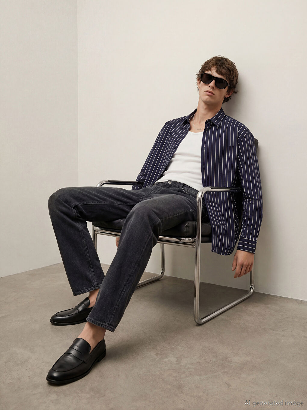 Lacivert Regular Fit Çizgili Erkek Gömlek-6