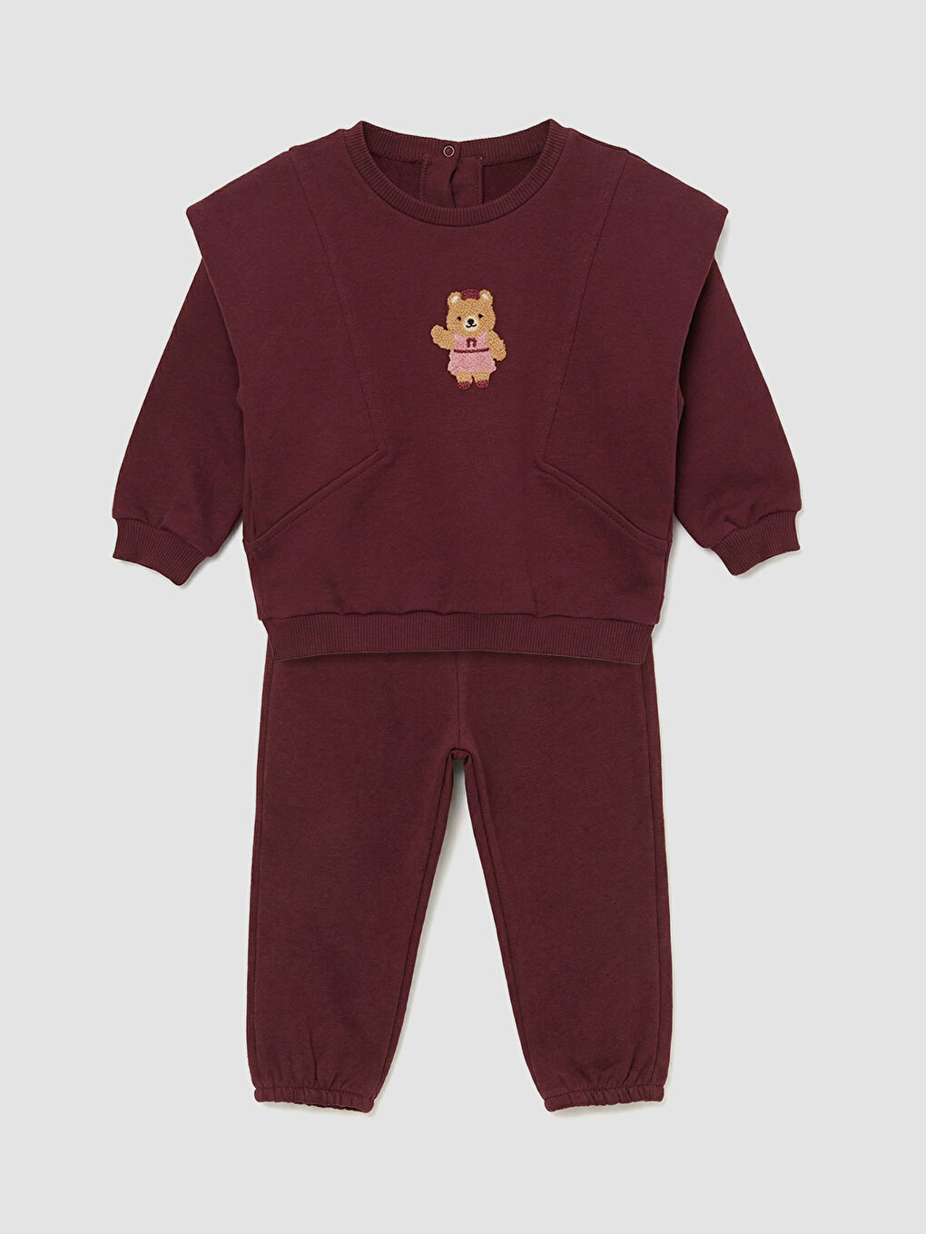 Bordo Bisiklet Yaka Nakışlı Kız Bebek Sweatshirt ve Eşofman Altı