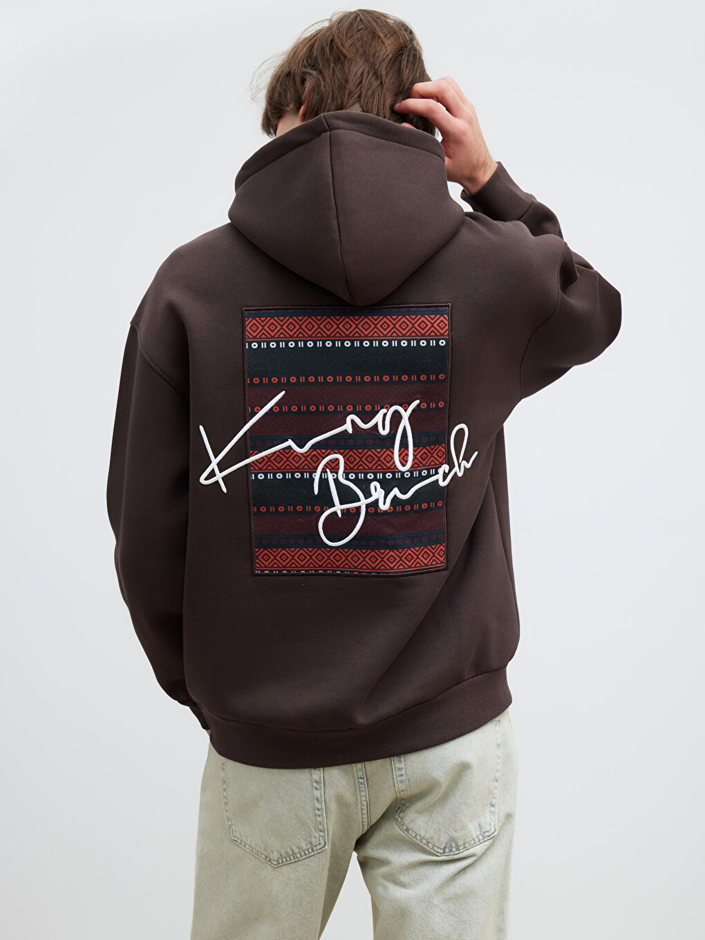 Kahverengi Sırt Baskılı Erkek Kalın Hoodie