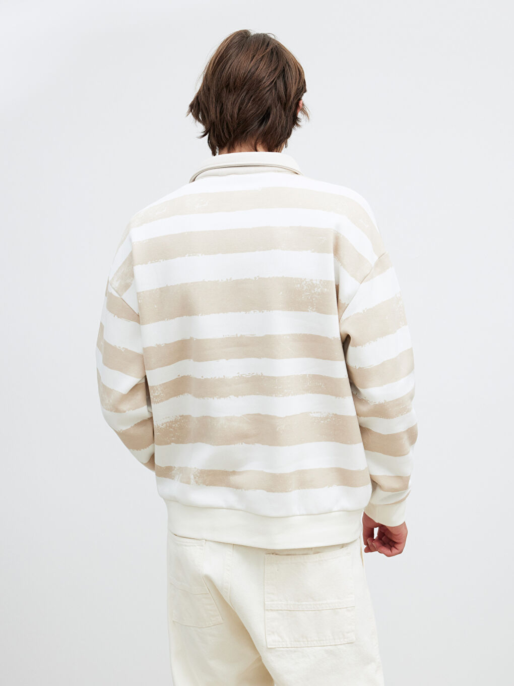 Bej Polo Yaka Çizgili Erkek Sweatshirt-3