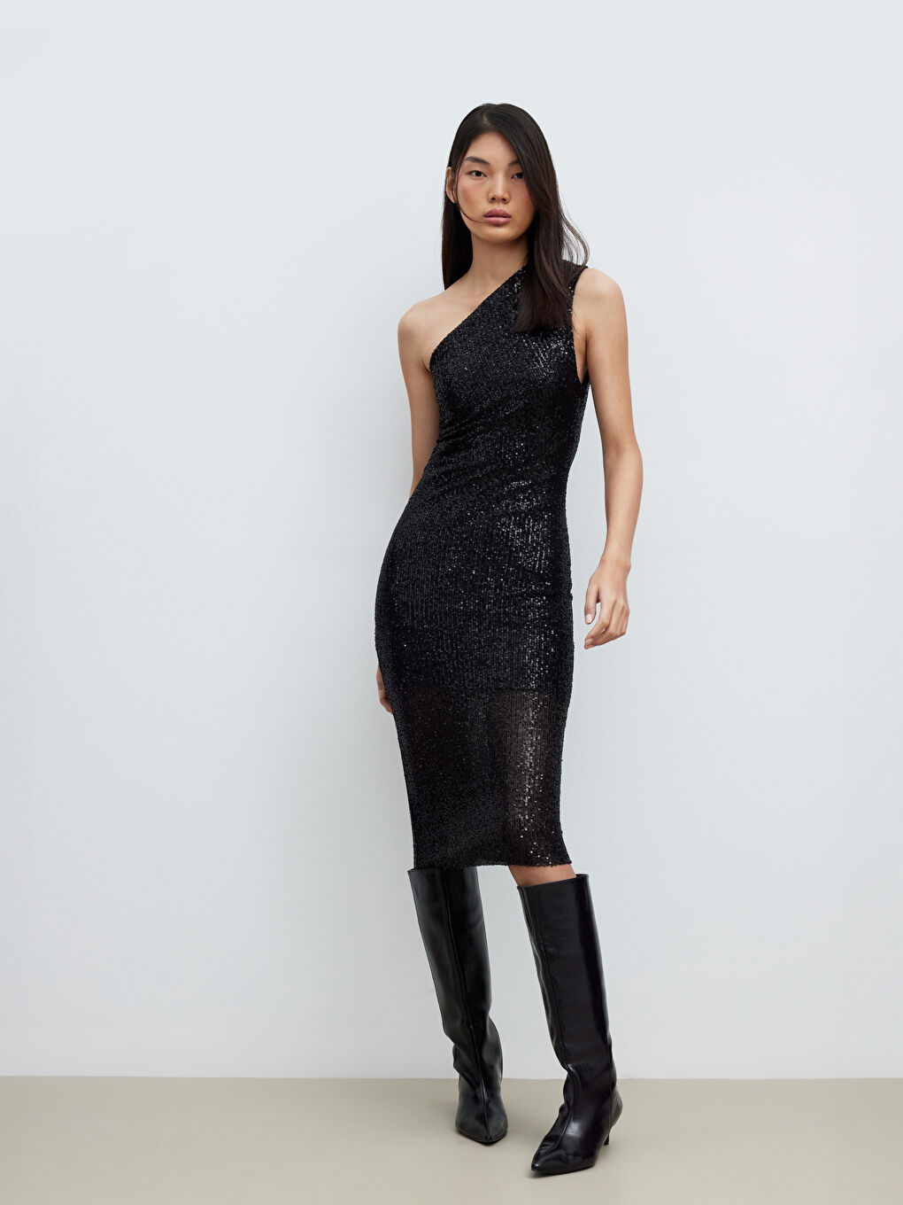 Siyah Tek Omuz Pul Payetli Elbise-1