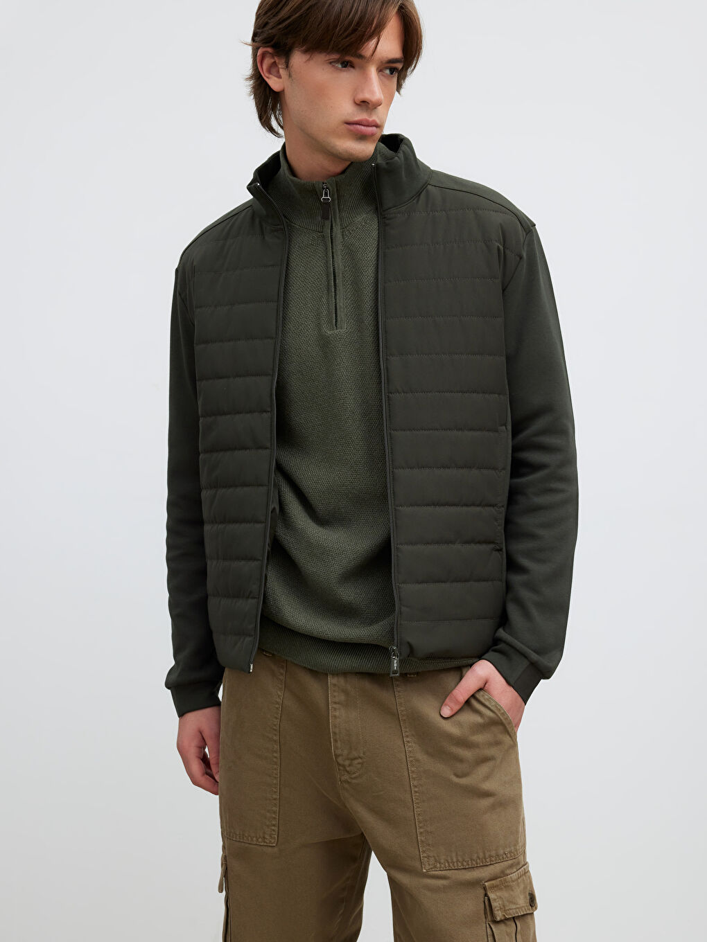 Haki Standart Kalıp Dik Yaka Erkek Mont