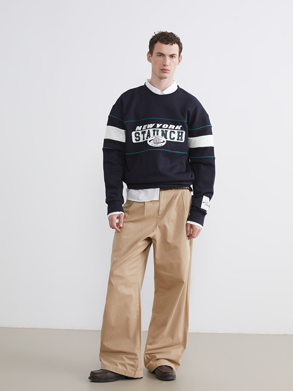 Lacivert Bisiklet Yaka Baskılı Erkek Kalın Sweatshirt-1