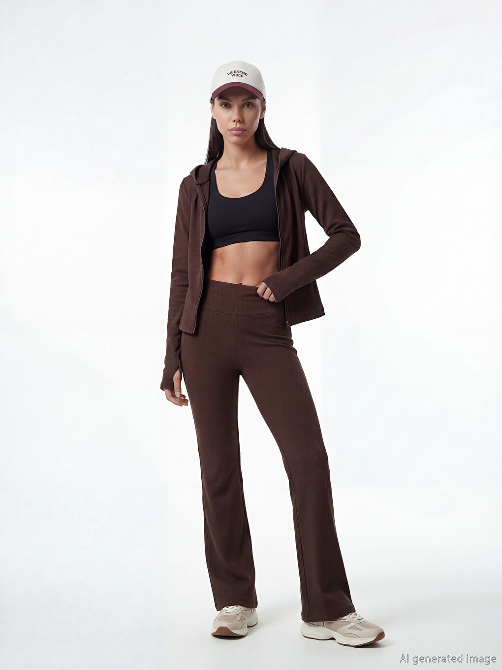 Kahverengi Kapüşonlu Parmak Geçmeli Soft Touch Kadın Fermuarlı Sweatshirt-1