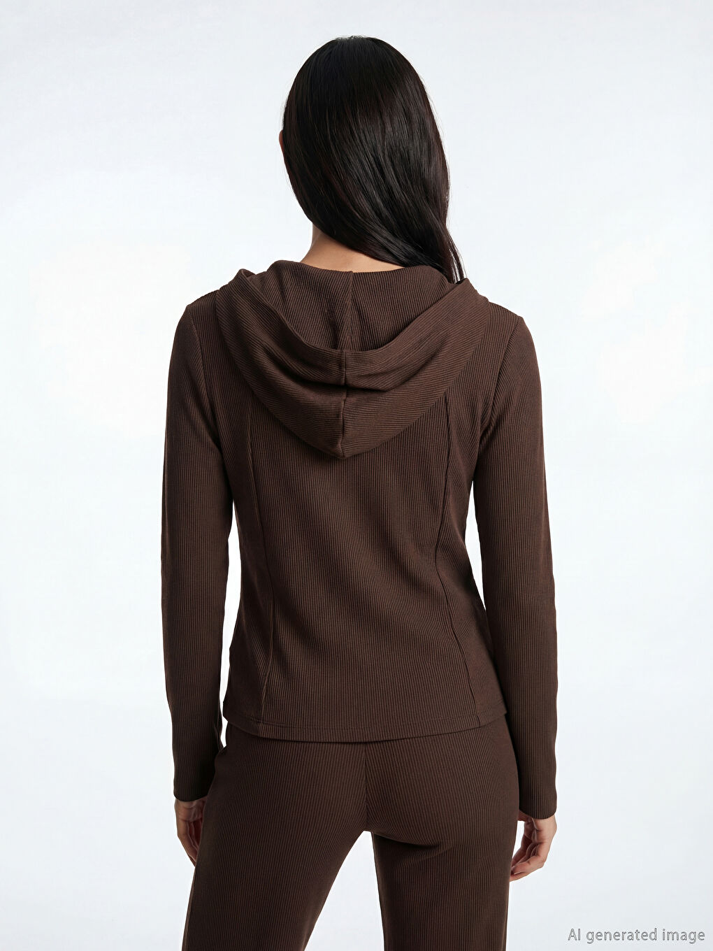 Kahverengi Kapüşonlu Parmak Geçmeli Soft Touch Kadın Fermuarlı Sweatshirt-3