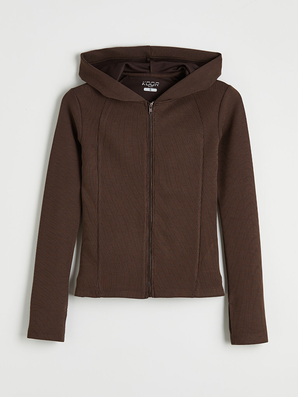 Kahverengi Kapüşonlu Parmak Geçmeli Soft Touch Kadın Fermuarlı Sweatshirt