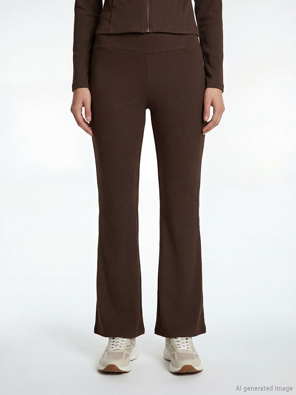 Kahverengi Yüksek Bel Fitilli İspanyol Paça Kadın Spor Tayt-1