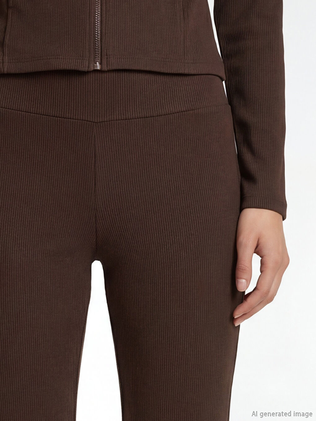 Kahverengi Yüksek Bel Fitilli İspanyol Paça Kadın Spor Tayt-2