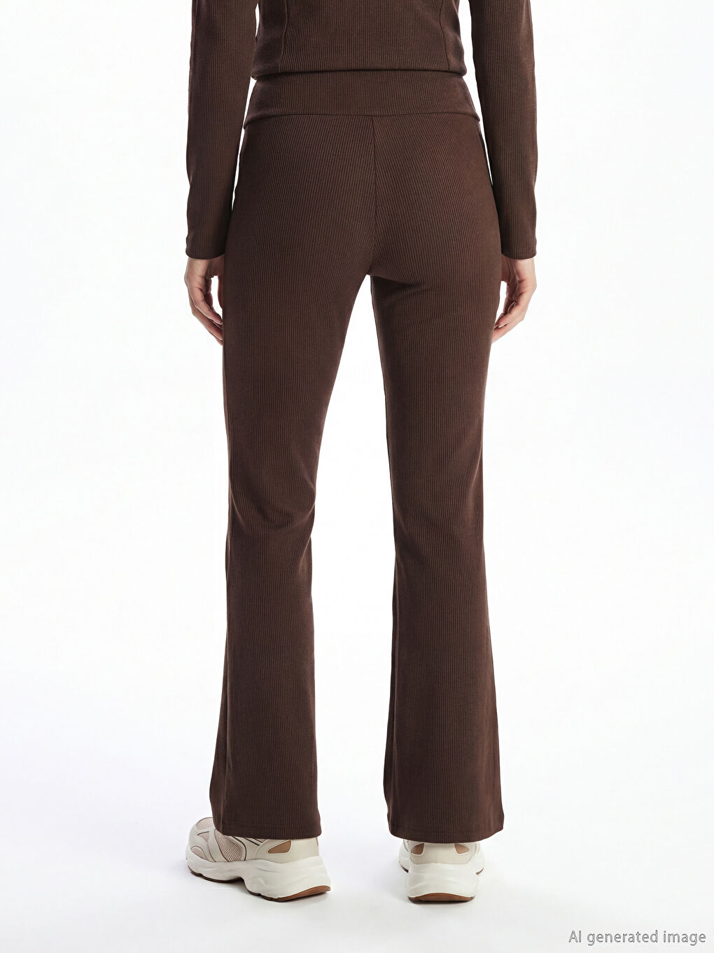 Kahverengi Yüksek Bel Fitilli İspanyol Paça Kadın Spor Tayt-3