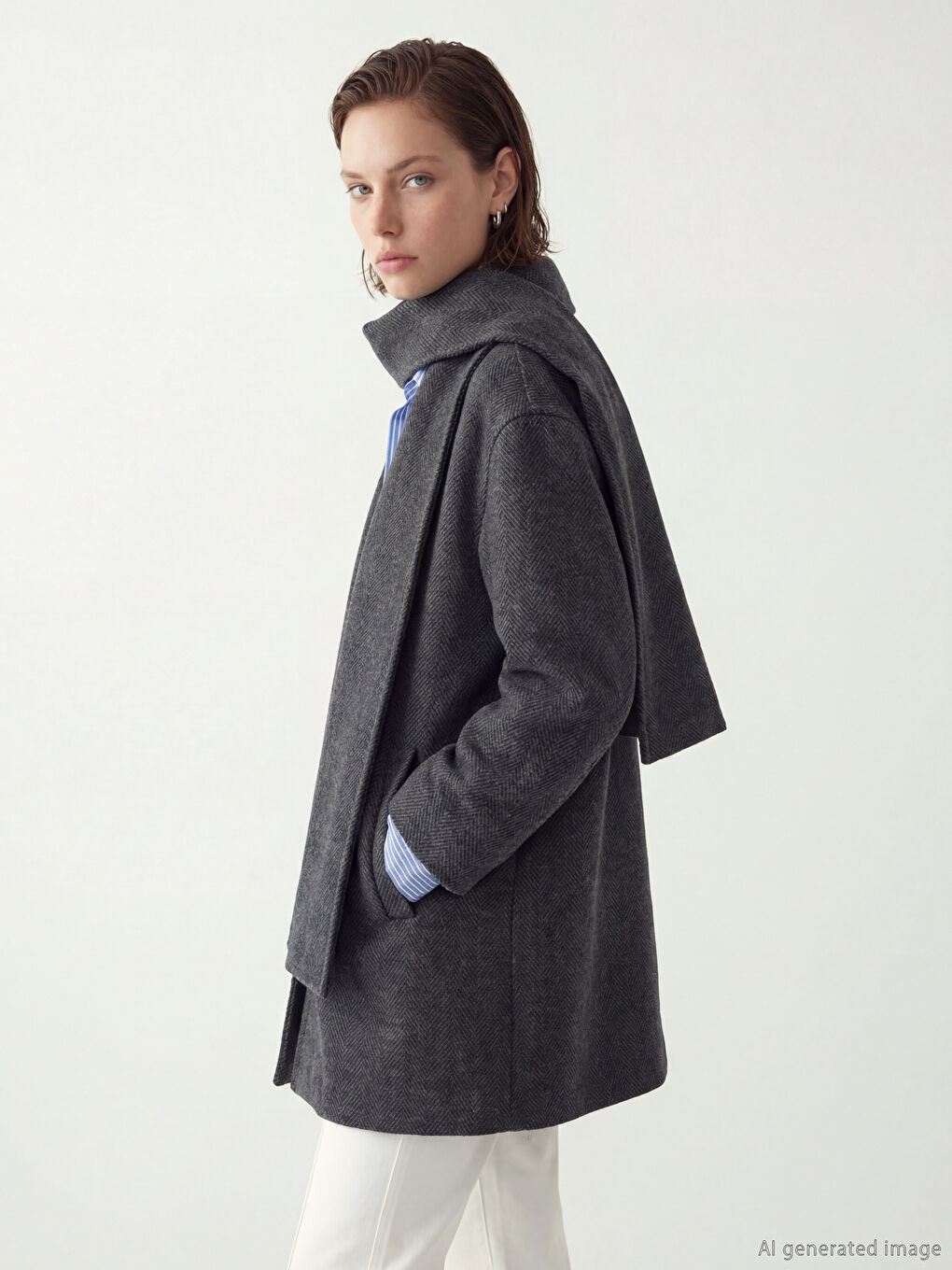 Siyah Atkılı Dik Yaka Kadın Kaşe Kaban