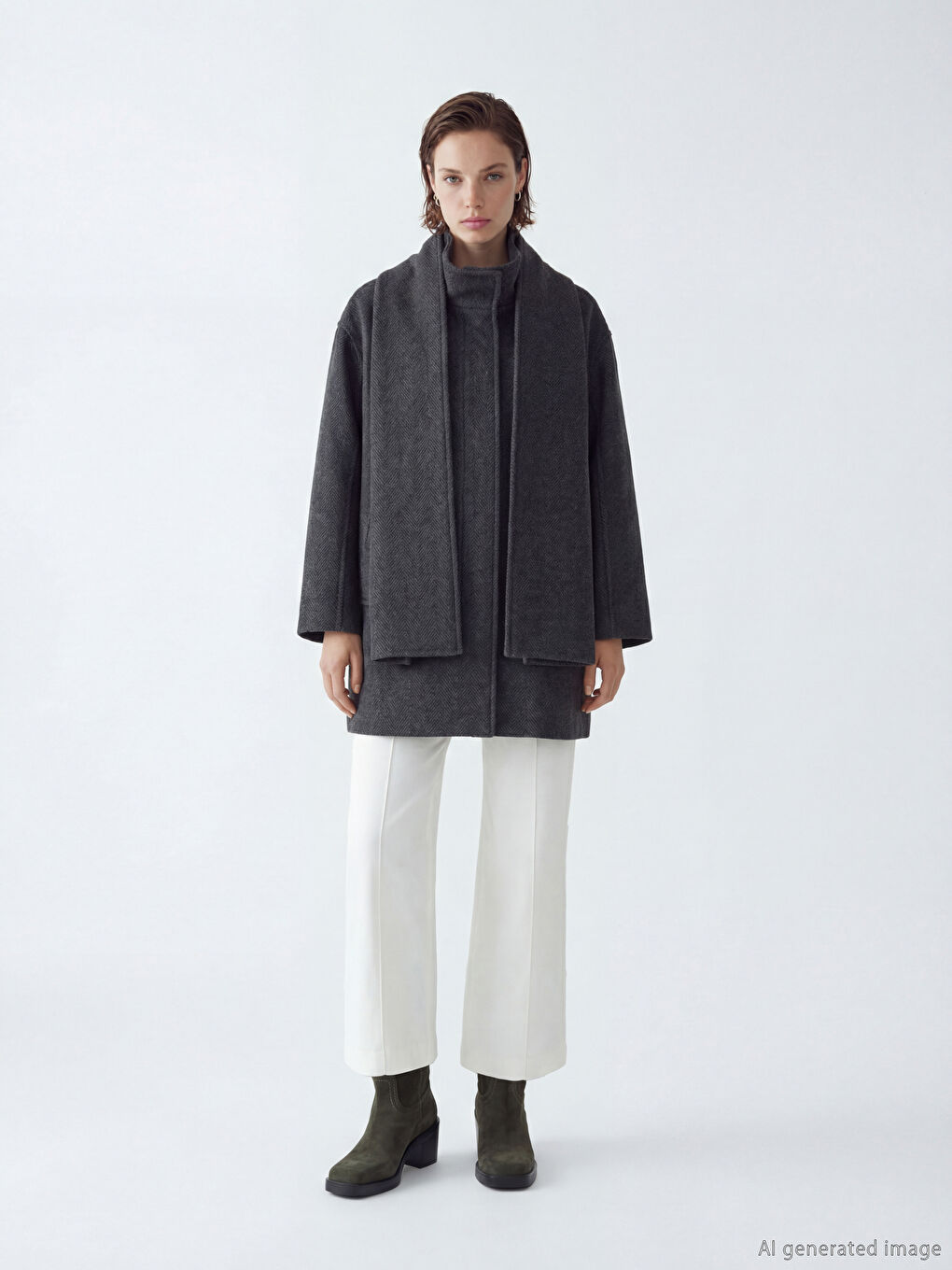 Siyah Atkılı Dik Yaka Kadın Kaşe Kaban-1