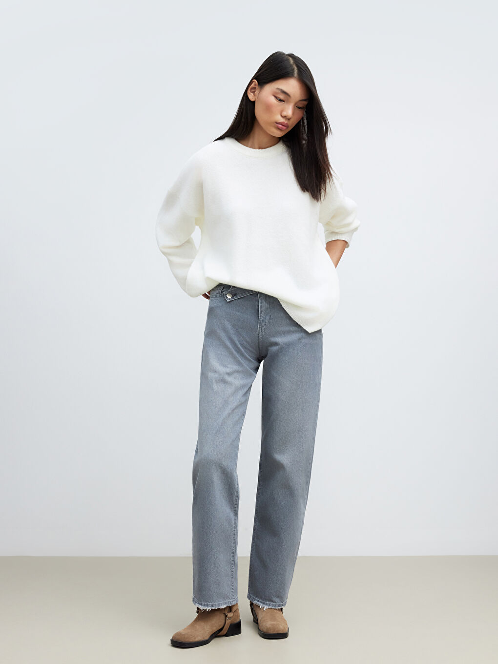 Beyaz Bisiklet Yaka Kadın Triko Kazak-1