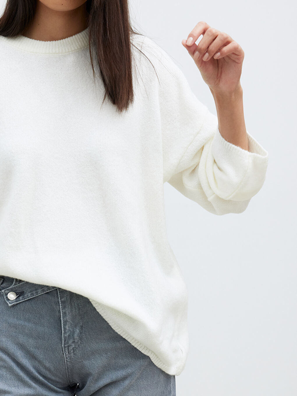 Beyaz Bisiklet Yaka Kadın Triko Kazak-2