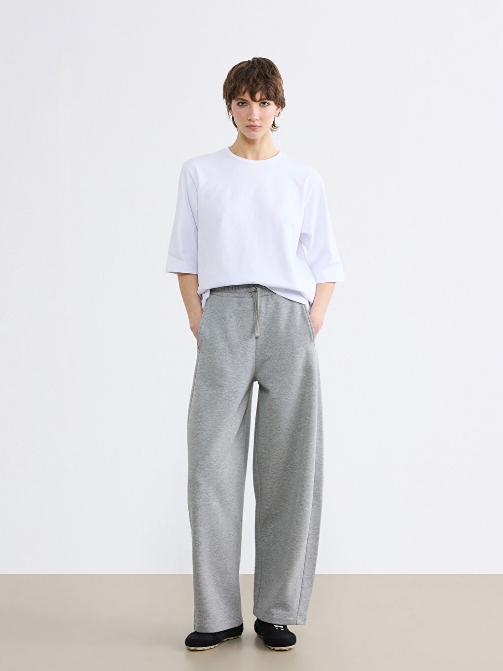 Gri Beli Lastikli Kadın Kalın Eşofman Altı