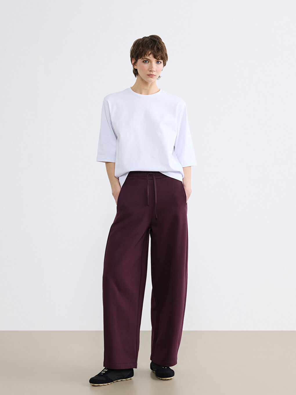 Bordo Beli Lastikli Kadın Kalın Eşofman Altı