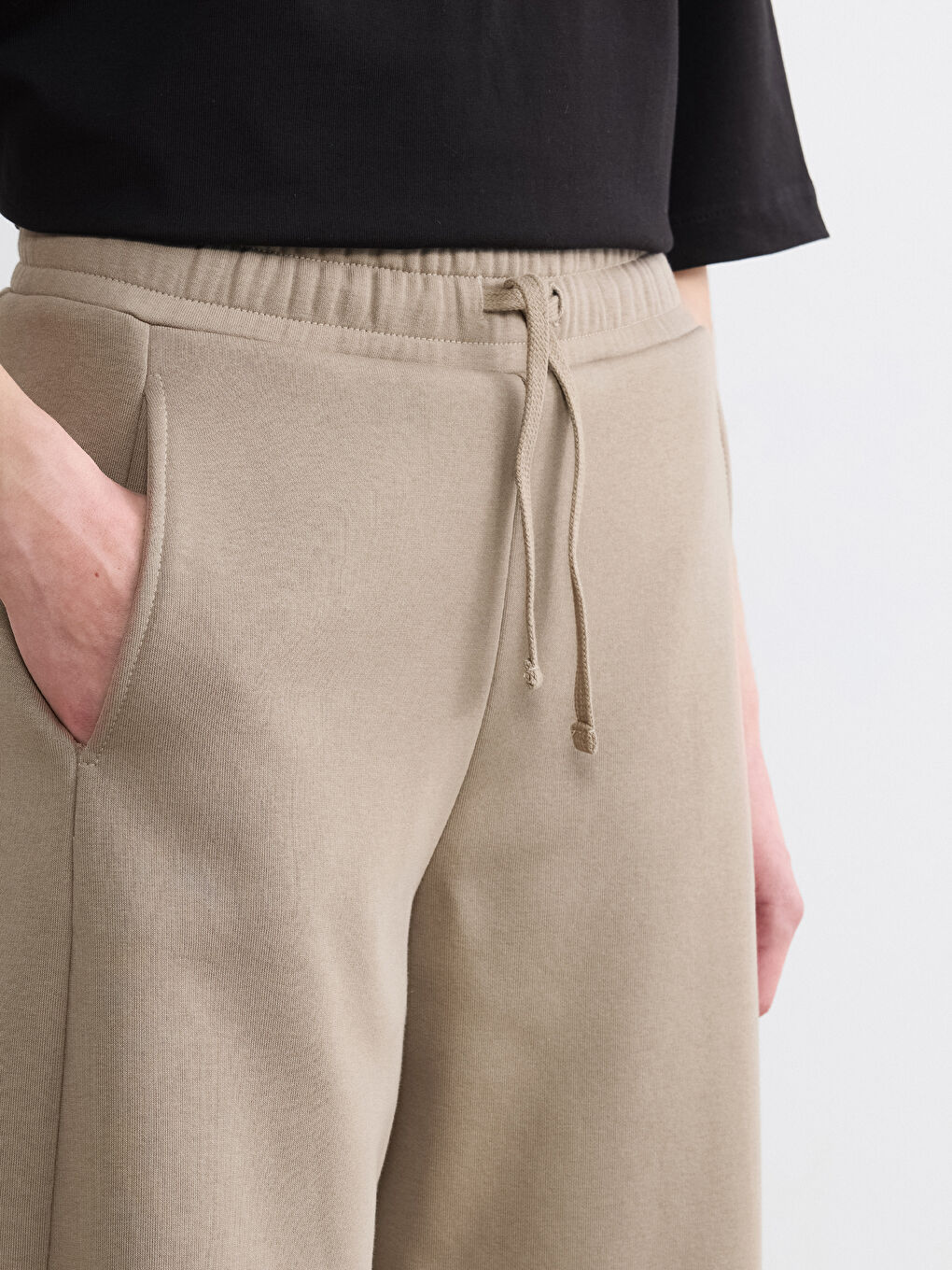 Bej Beli Lastikli Kadın Kalın Eşofman Altı-2