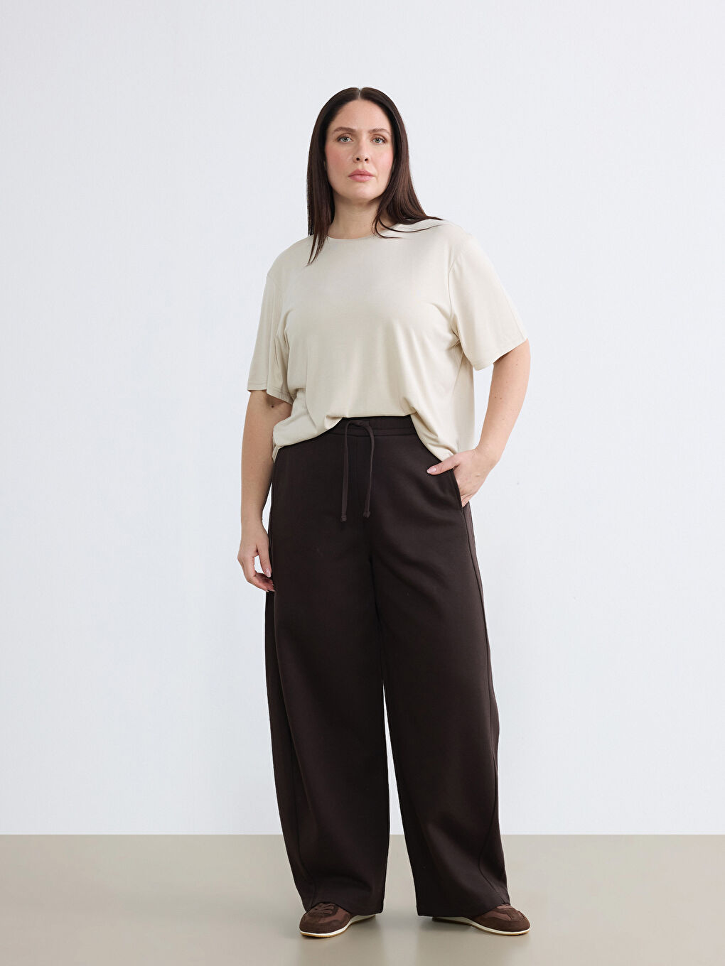 Kahverengi Beli Lastikli Kadın Kalın Eşofman Altı-1