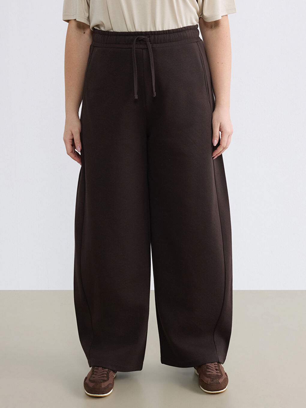 Kahverengi Beli Lastikli Kadın Kalın Eşofman Altı-5