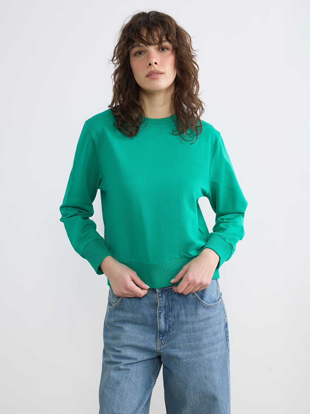 Yeşil Bisiklet Yaka Kadın Sweatshirt