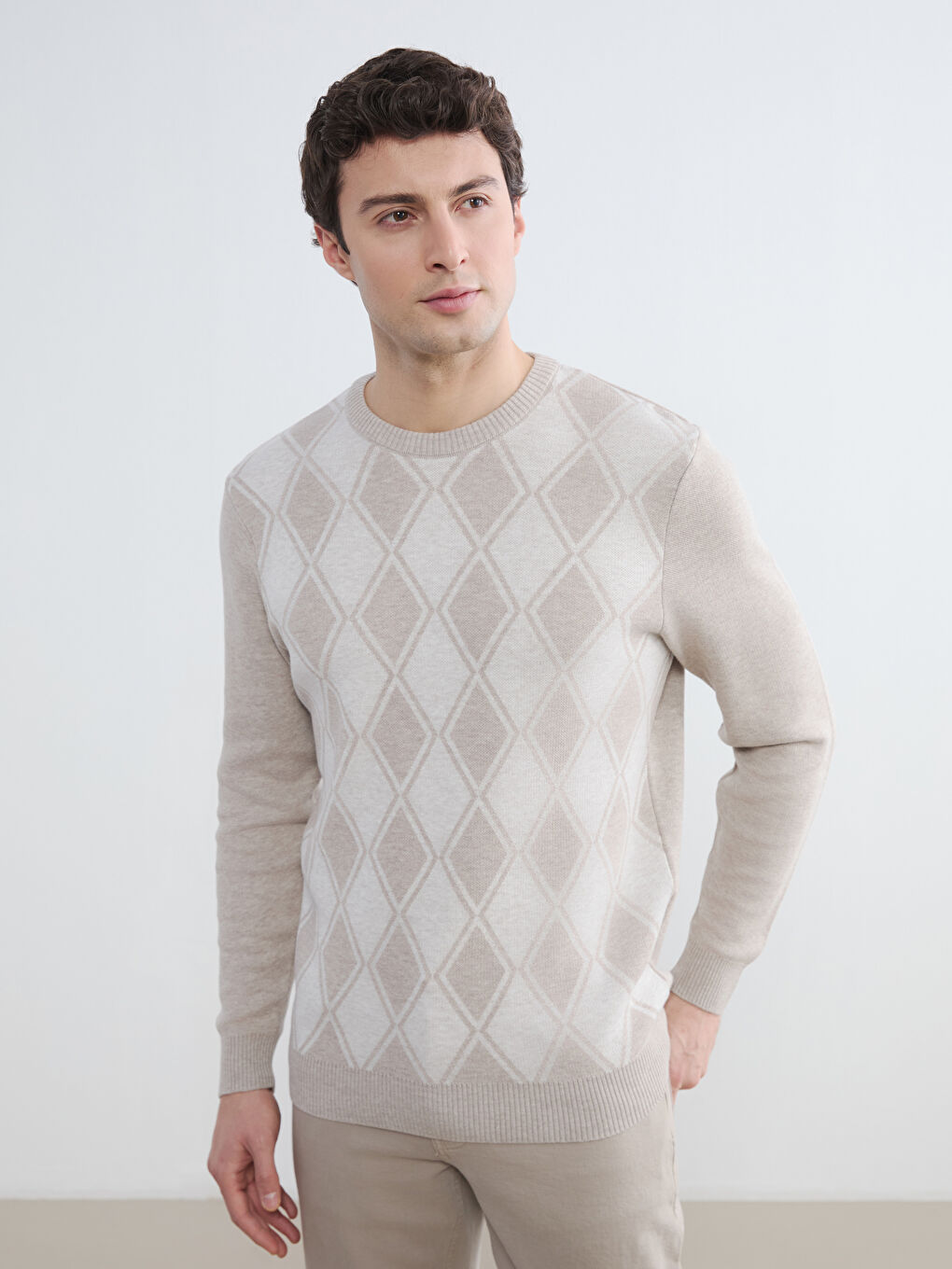 Bej Bisiklet Yaka Baklava Desenli Erkek Triko Kazak