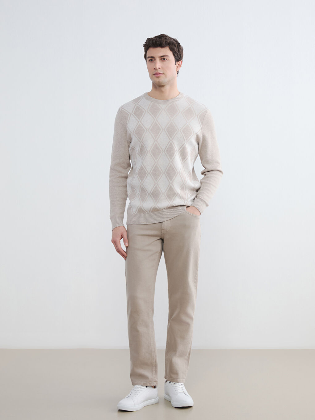 Bej Bisiklet Yaka Baklava Desenli Erkek Triko Kazak-1